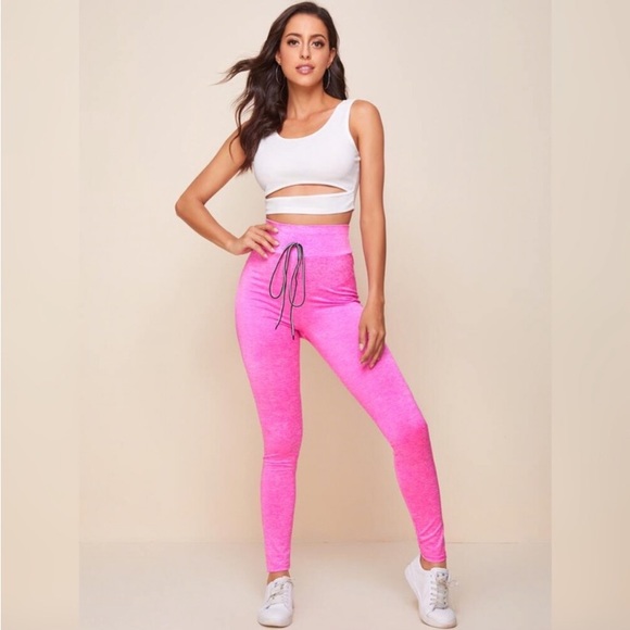 PINK HIGH WAISTED DRAWSTRING LEGGINGS - Picture 5 of 7